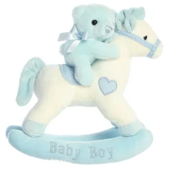 Musical Plush Blue Rocking Horse With Teddy Bear by Ebba