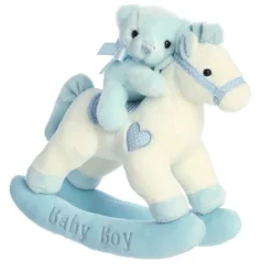 Musical Plush Blue Rocking Horse With Teddy Bear by Ebba